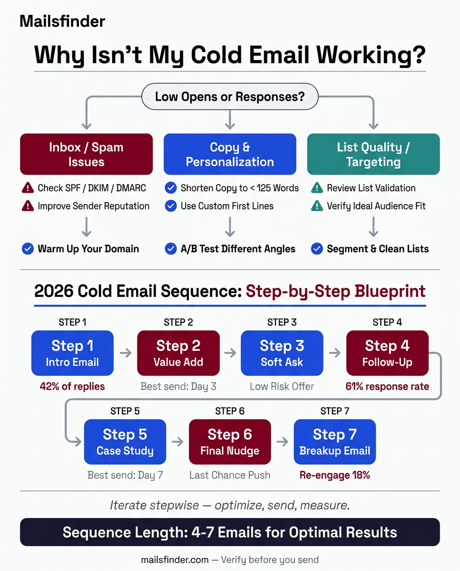 2026 Cold Email Sequence: Step-by-Step Blueprint showing 7 steps from Intro Email to Breakup Email