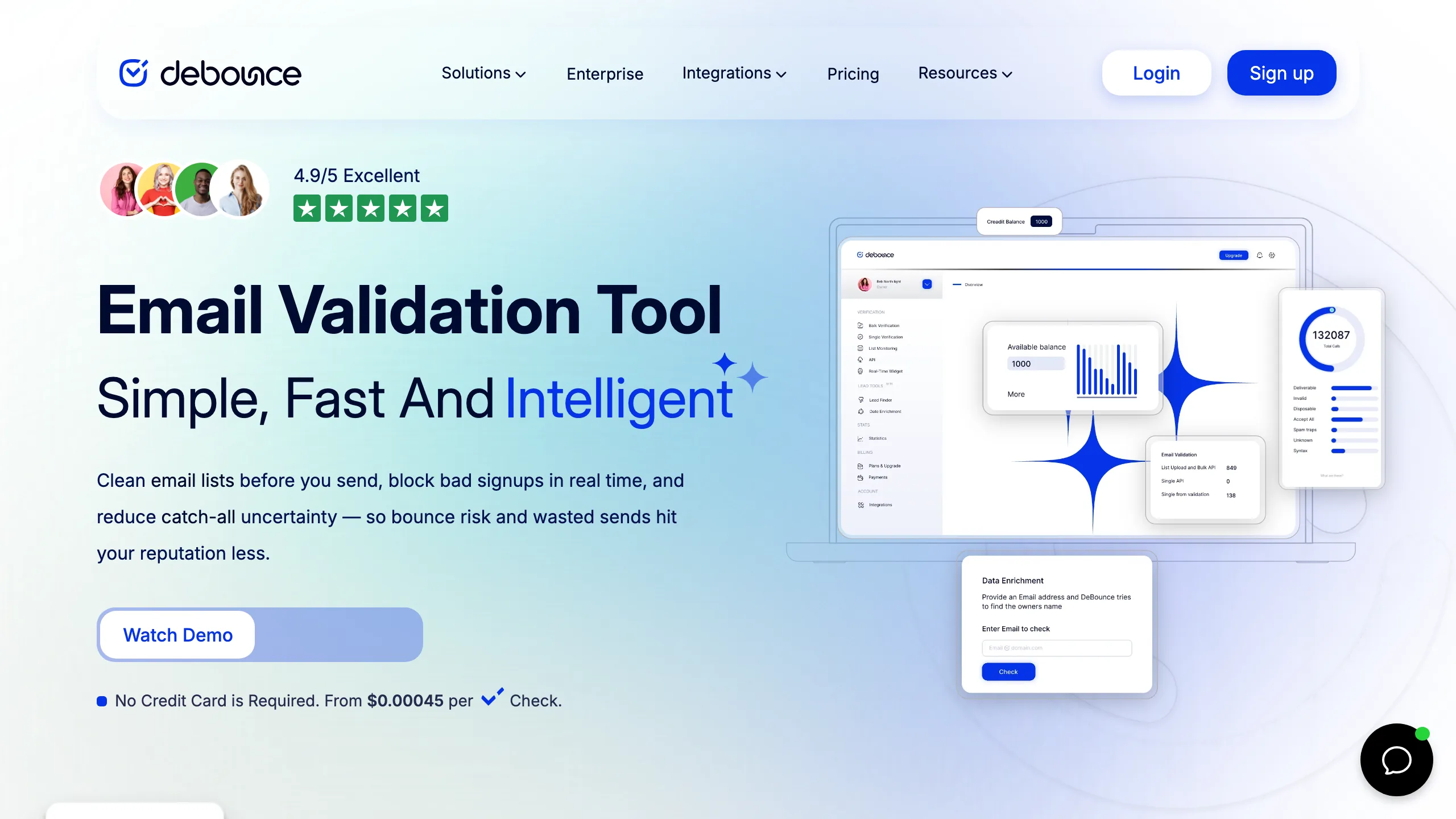 DeBounce homepage showing email validation pricing