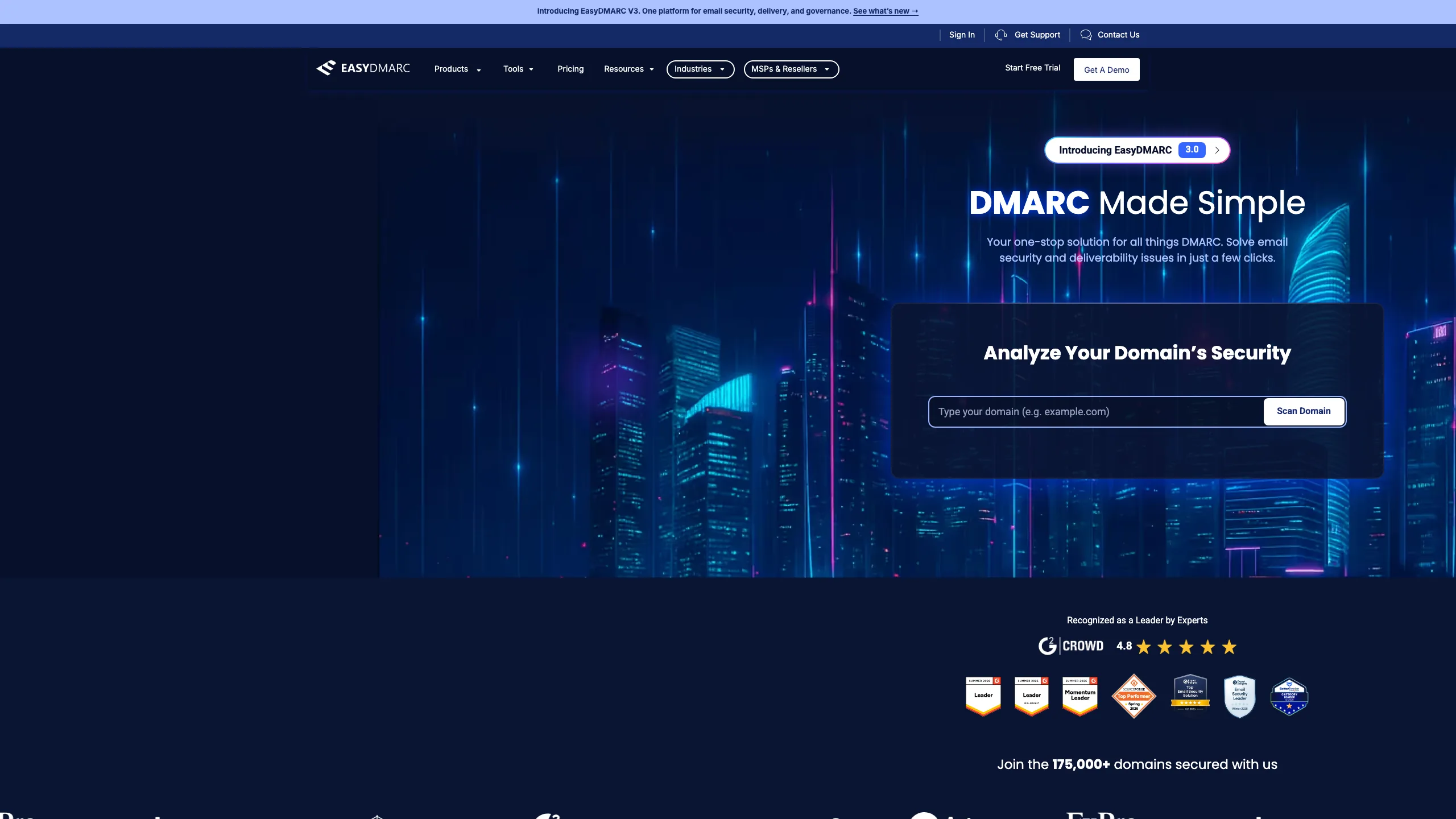 EasyDMARC homepage showing DMARC and email authentication tools