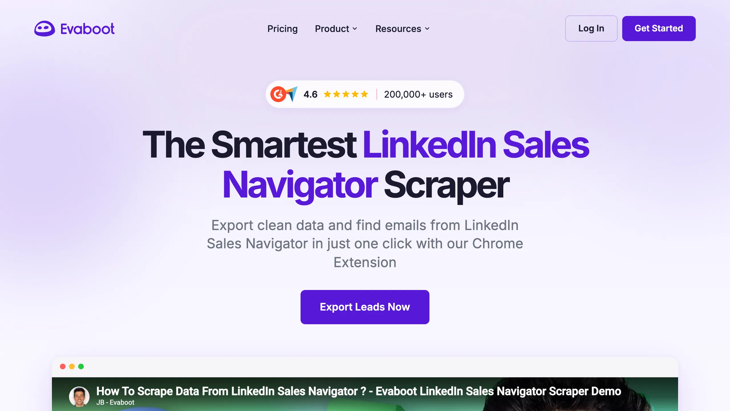 Evaboot homepage showing the Sales Navigator export tool