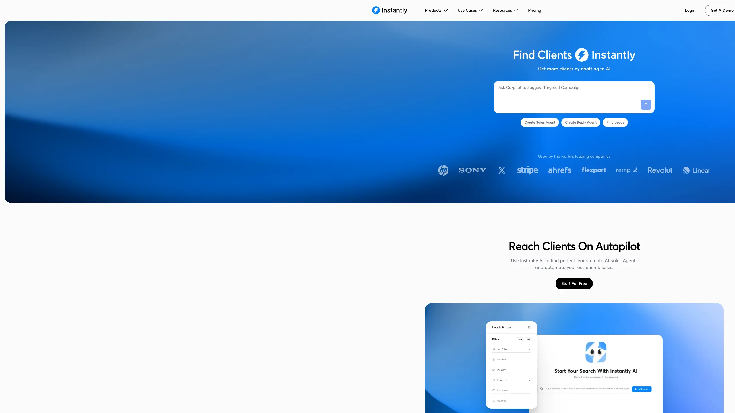 Instantly homepage showing cold email and lead finding