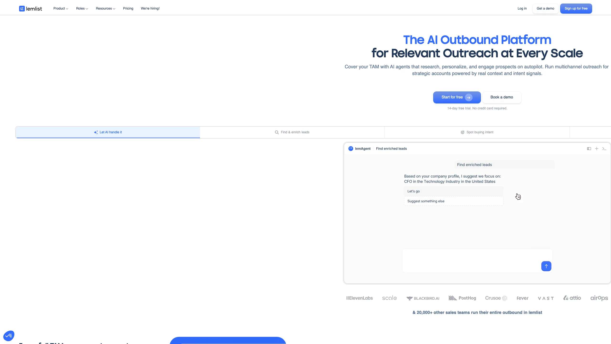 lemlist homepage showing the outbound platform