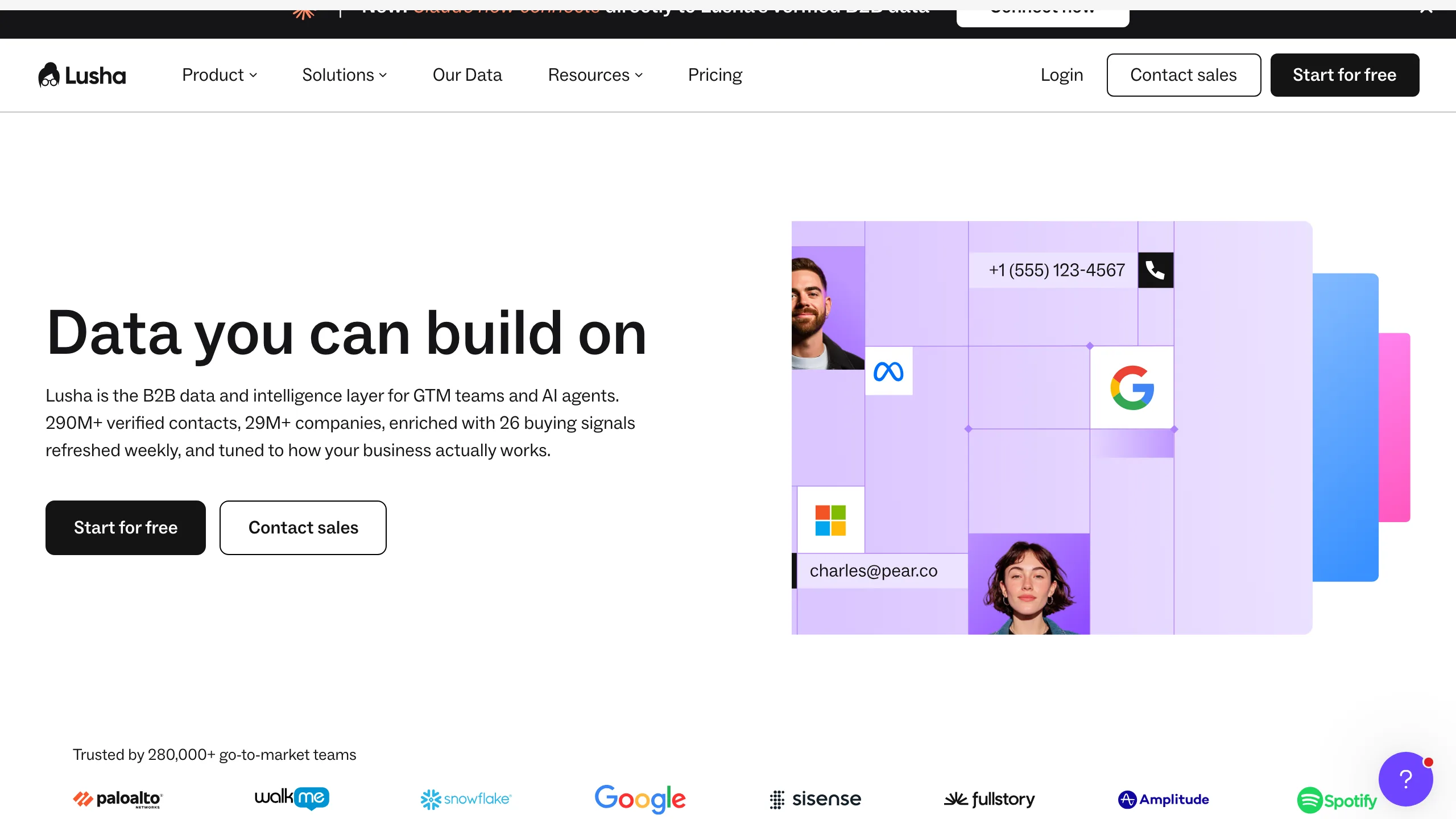 Lusha homepage showing the B2B contact data platform