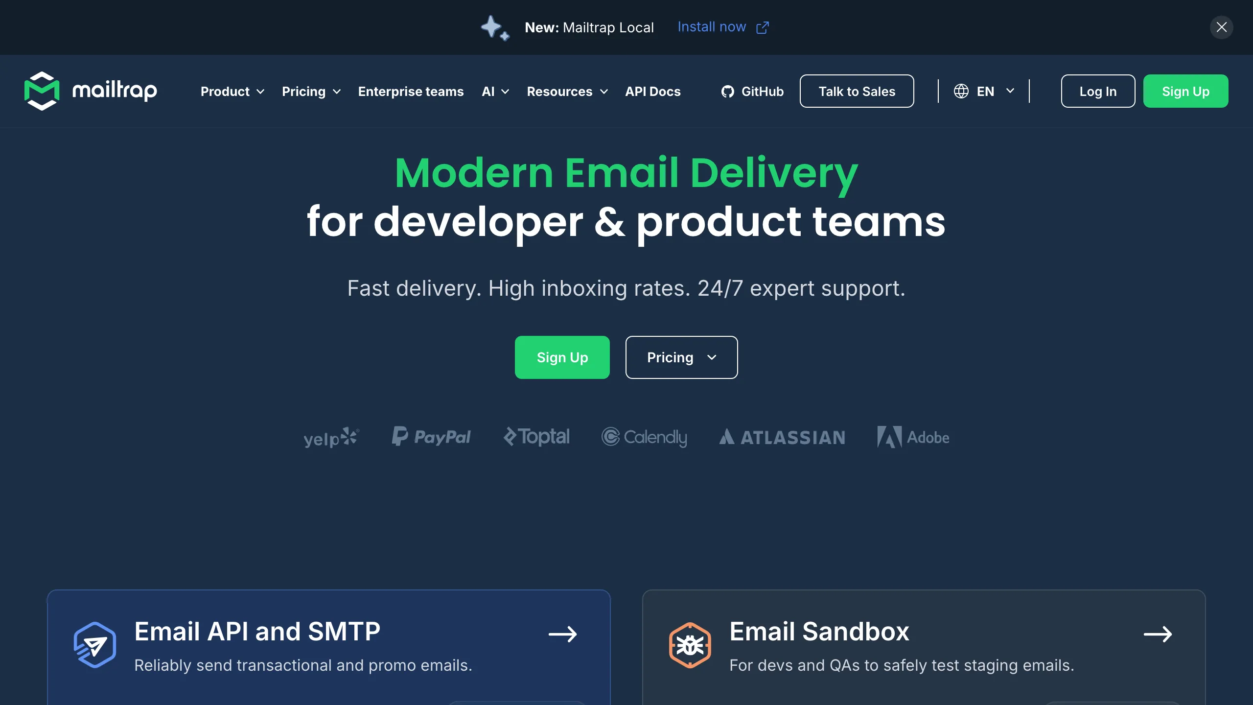 Mailtrap homepage showing email testing and sending