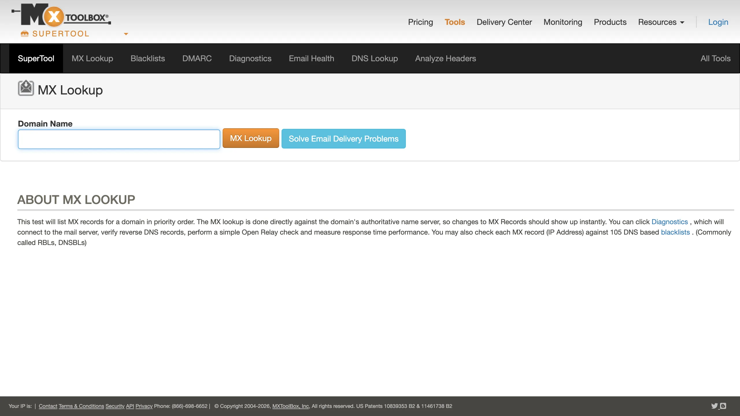 MXToolbox homepage showing the MX lookup diagnostic tool