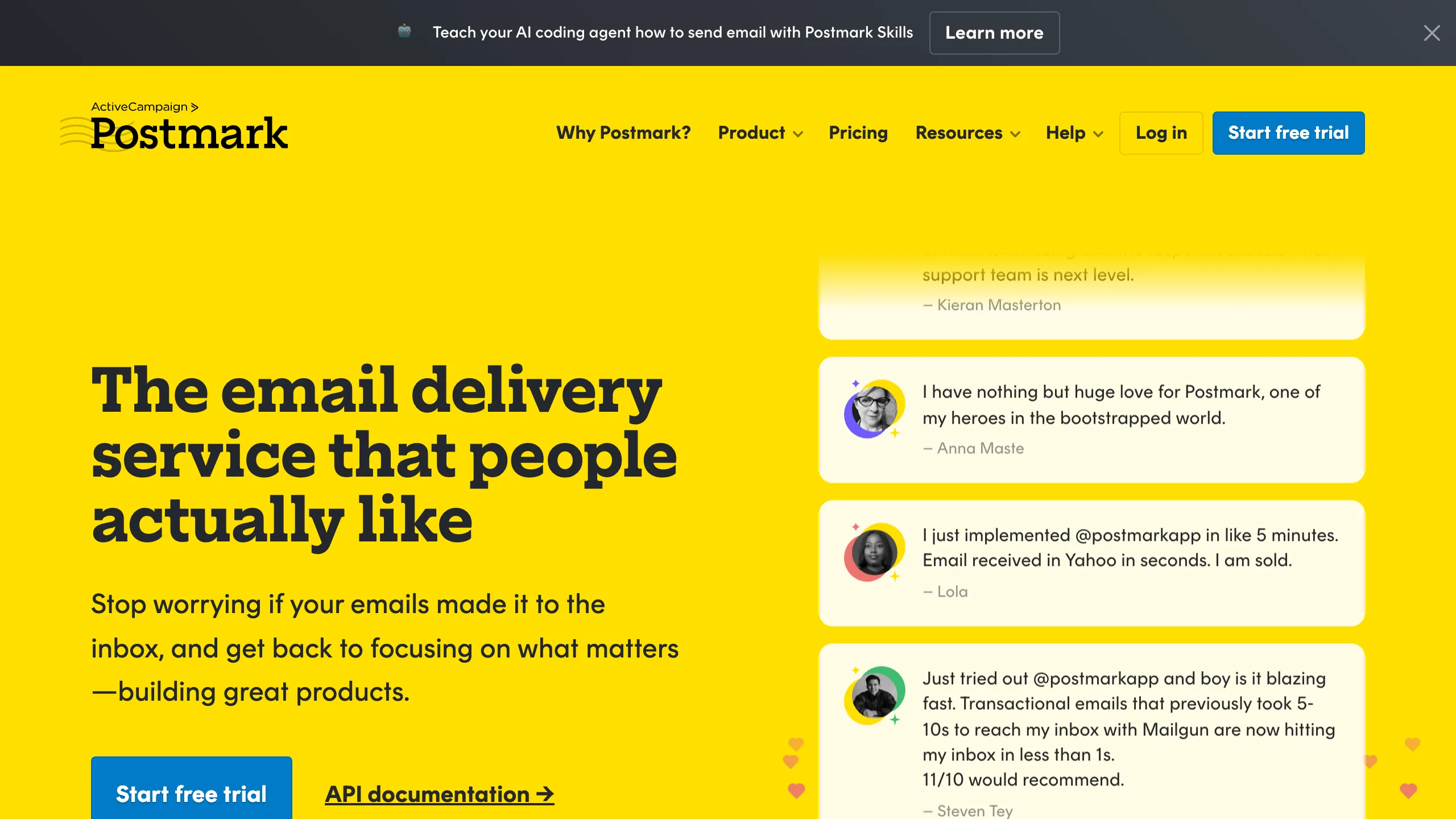 Postmark homepage showing transactional email sending