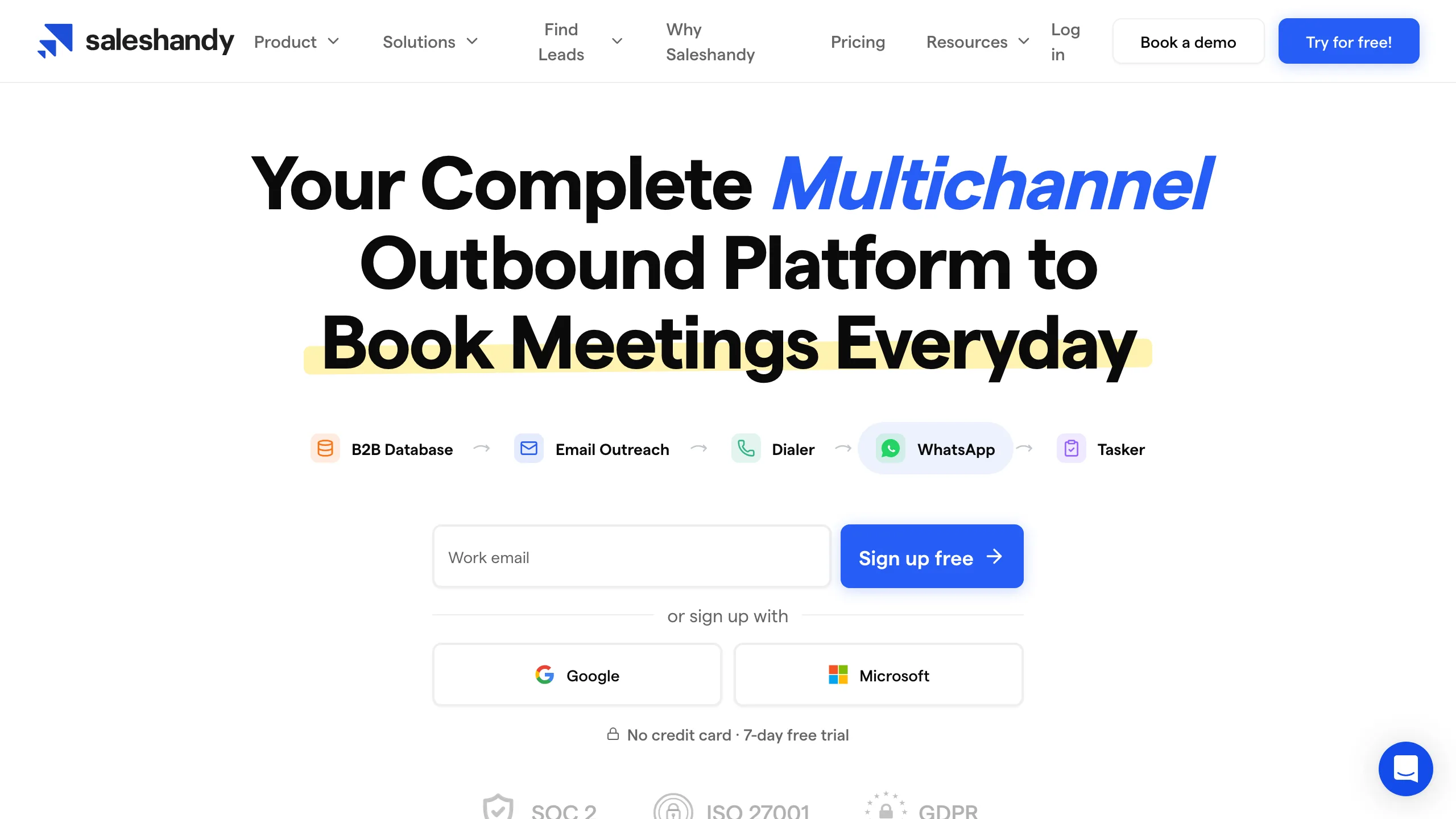 Saleshandy homepage showing the multichannel outbound platform