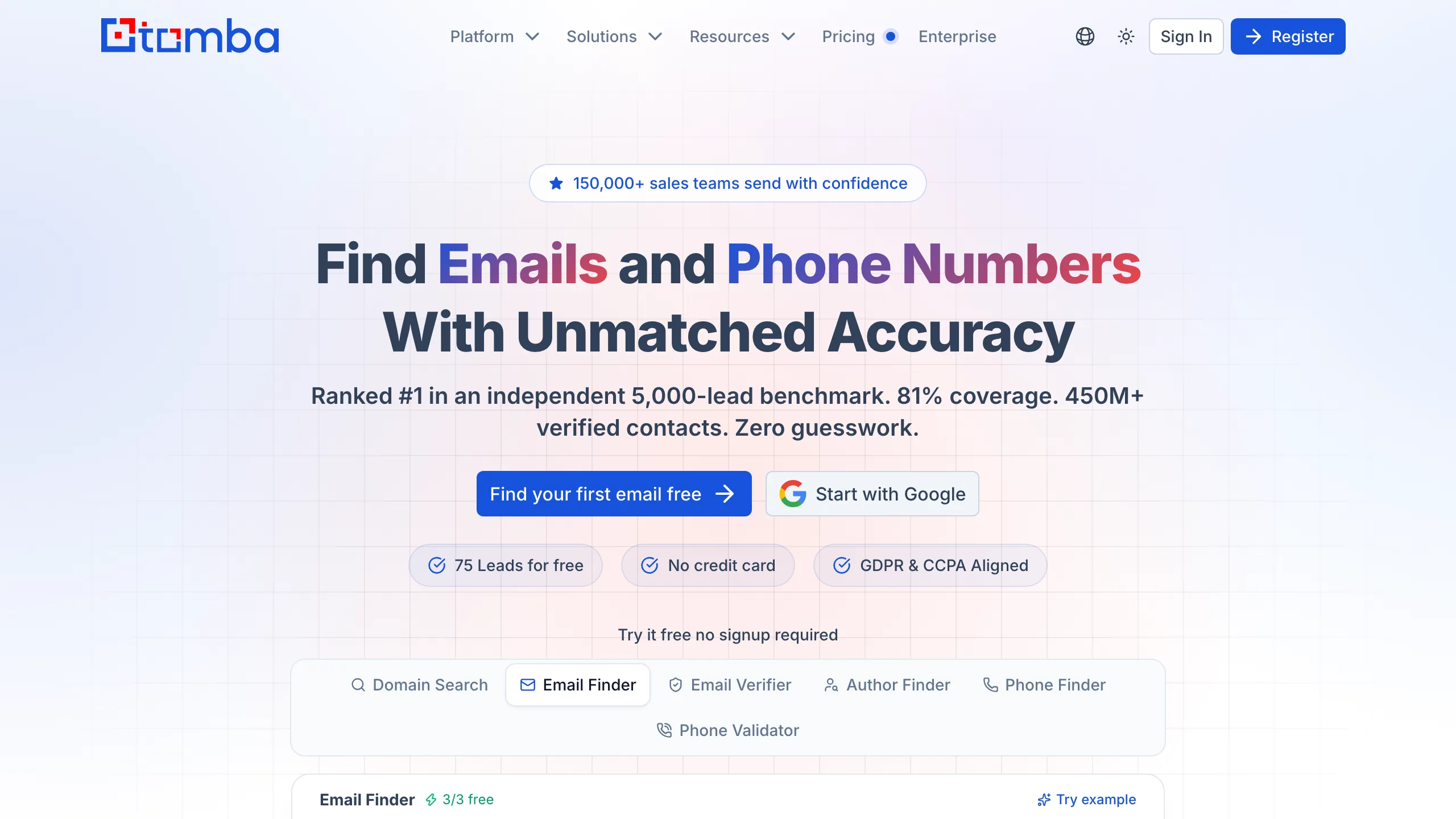 Tomba homepage showing the email finder and verifier