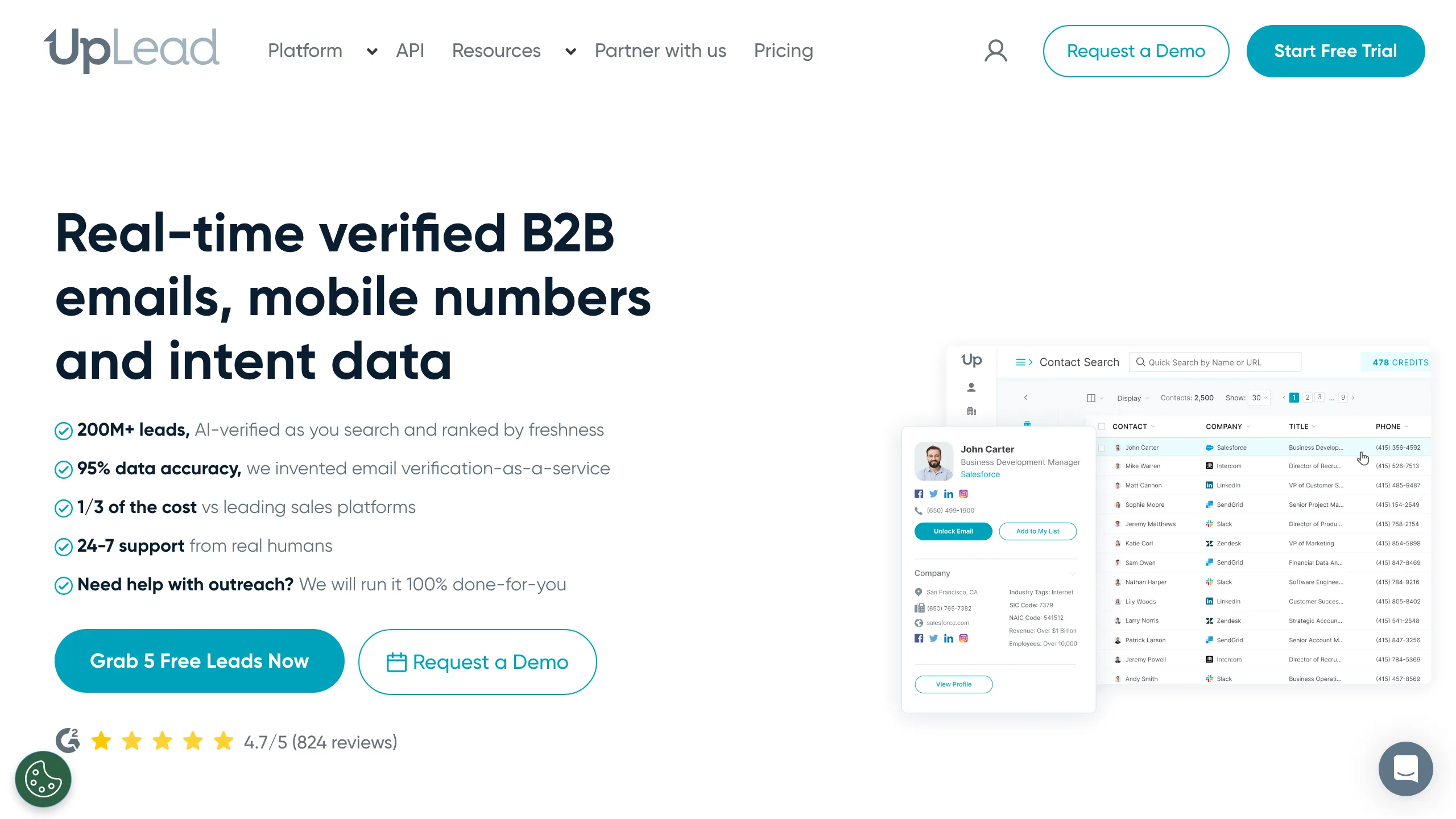 UpLead homepage showing the B2B contact database
