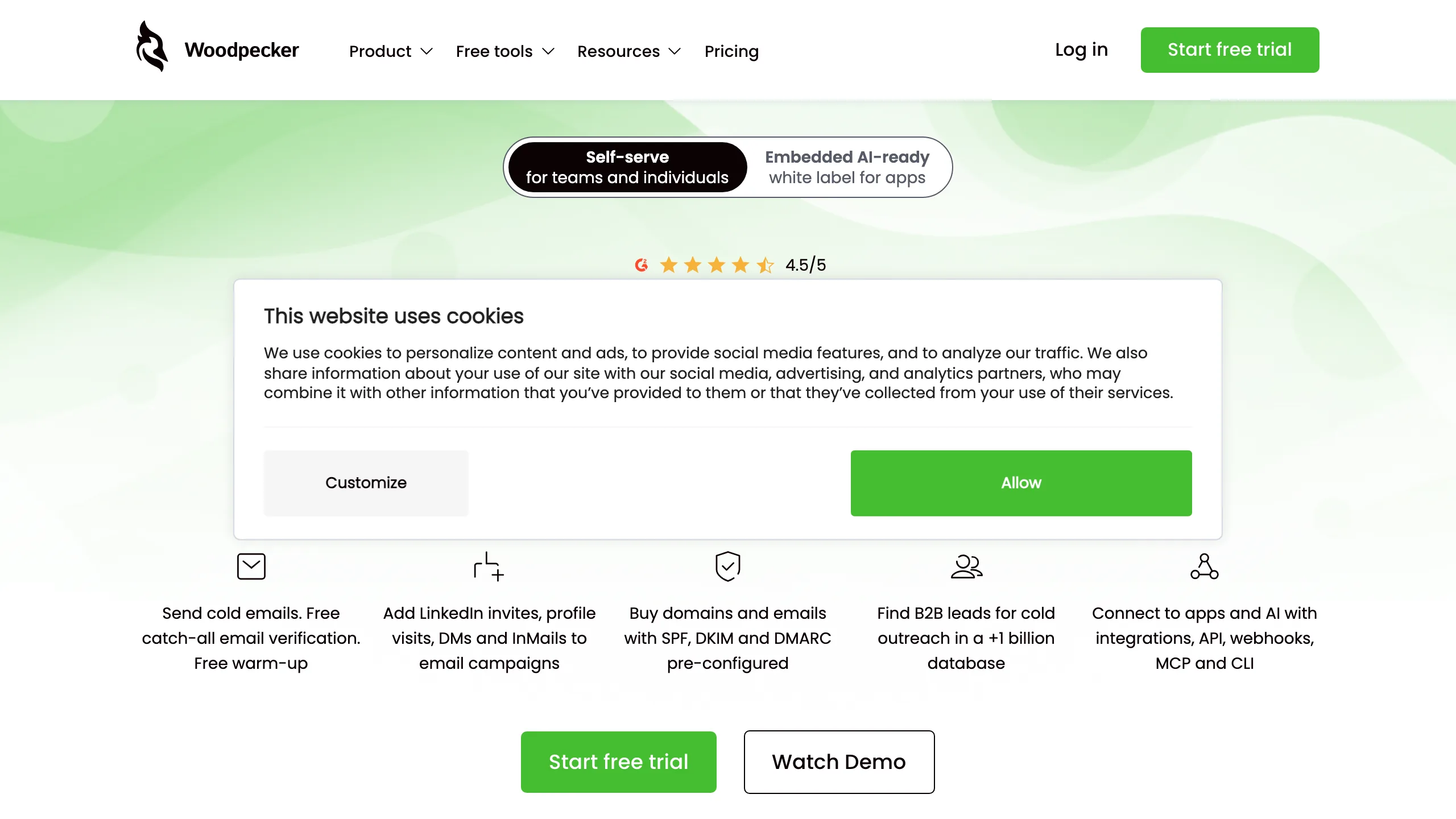Woodpecker homepage showing cold email automation