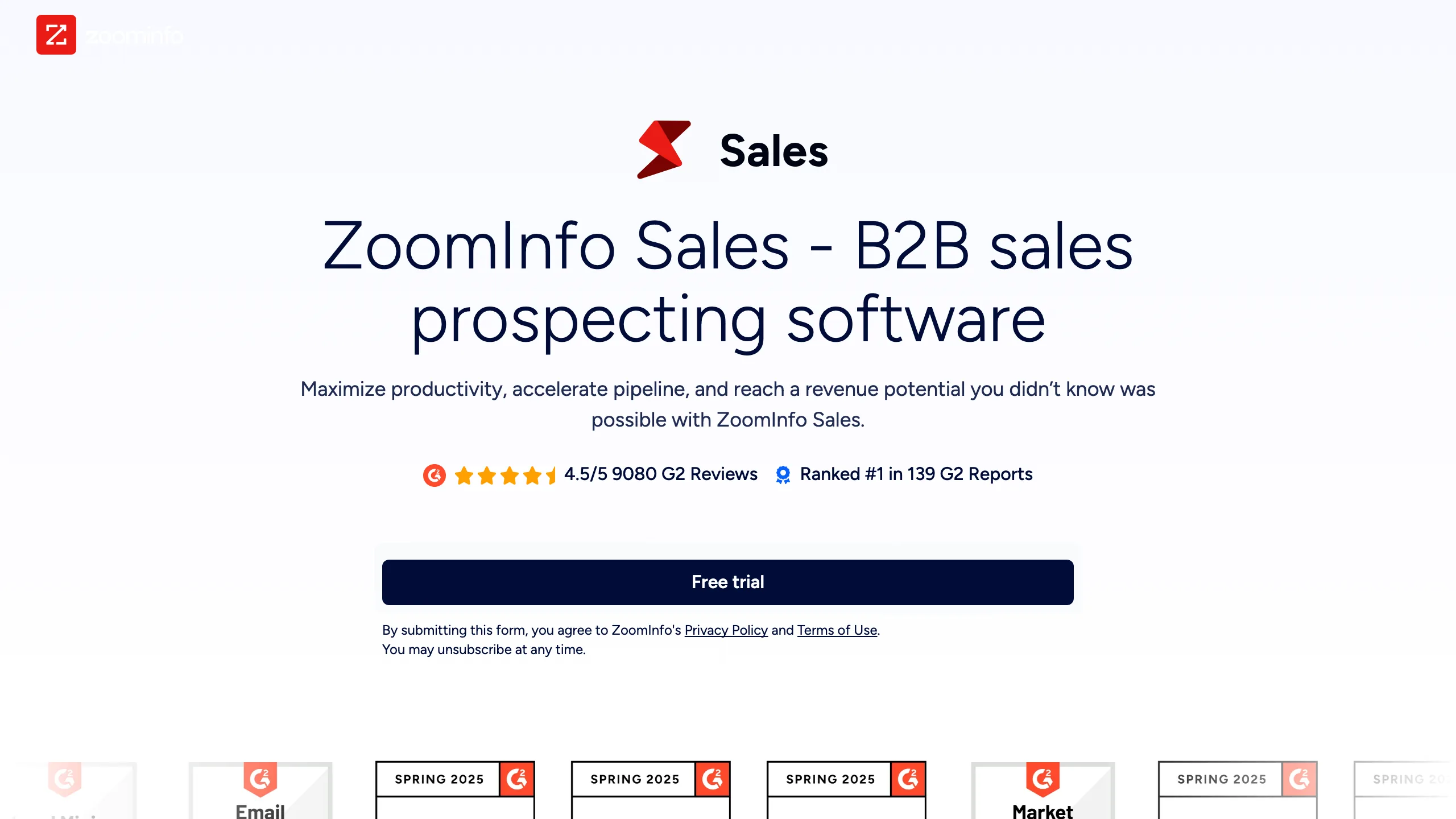 ZoomInfo Sales product page showing B2B prospecting software