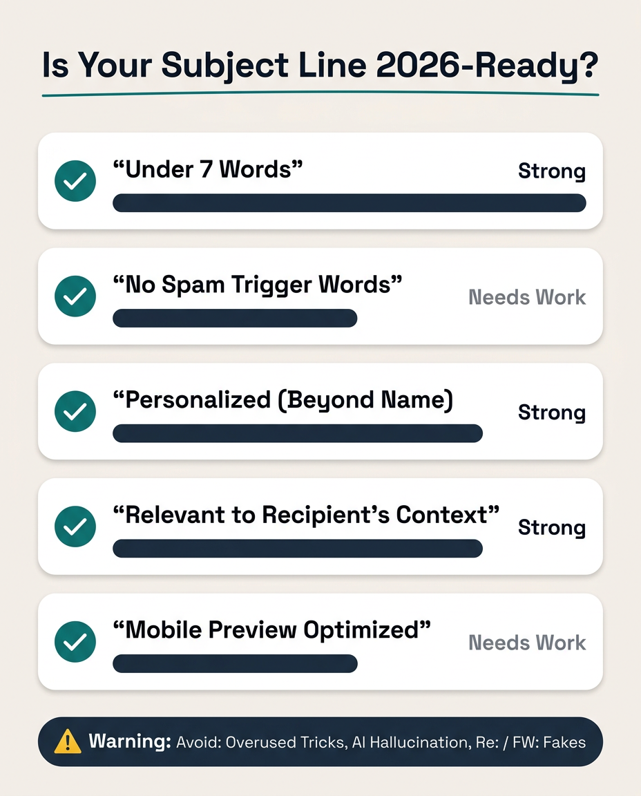 Is Your Subject Line 2026-Ready? Checklist: Under 7 words, no spam triggers, personalized beyond name, relevant to context, mobile preview optimized